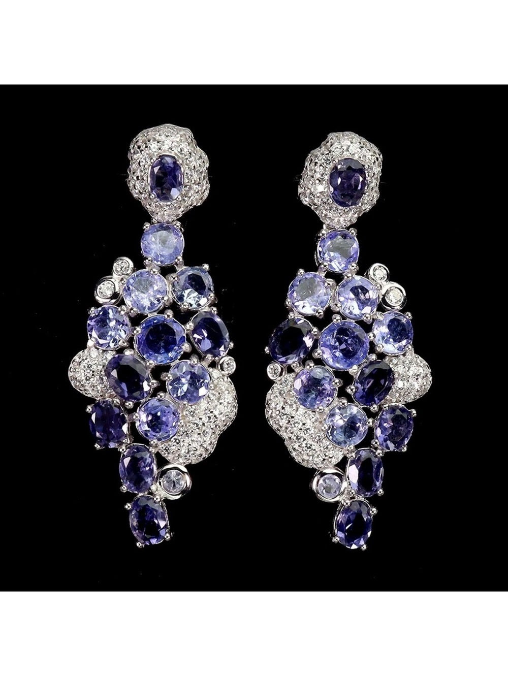 Natural Formal Tanzanite & Iolite Chandelier Dangle Earrings 14K White Gold